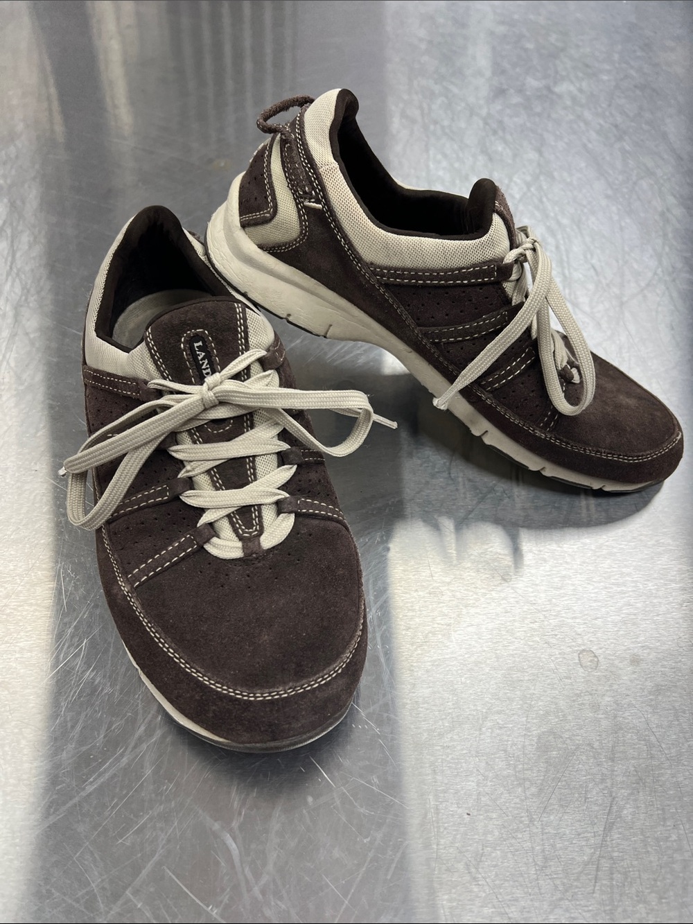 Lands' End Brown Suede Sneakers with Cream Accents Men’s 9.5